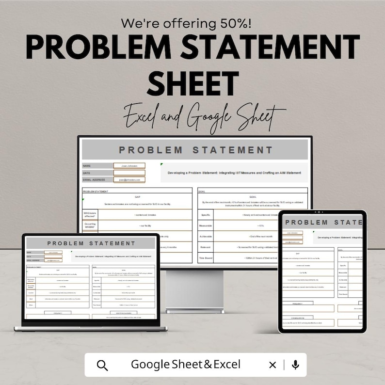 Peut inclure: Image num&eacute;rique pr&eacute;sentant un mod&egrave;le de "Problem Statement Sheet", affich&eacute; sur un &eacute;cran d'ordinateur, un ordinateur portable et une tablette. Le texte "Excel and Google Sheet" est &eacute;galement visible. L'image comprend le texte "We're offering 50%!" et "Google Sheet & Excel".