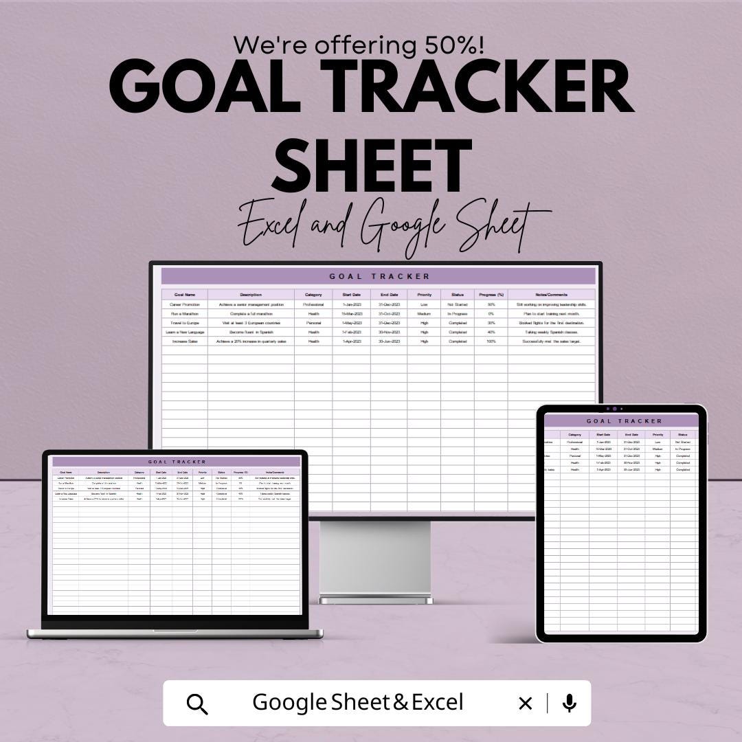 Goal Tracker Template - Excel and Google Sheets for Business Planning ...