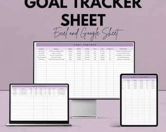 May include: A digital goal tracker sheet displayed on a laptop, desktop monitor, and tablet. The text "GOAL TRACKER SHEET" is at the top, with "Excel and Google Sheet" below. The image also includes the text "We're offering 50%!" and "Google Sheet & Excel".