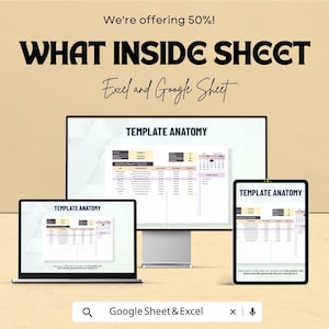 K&ouml;nnte beinhalten: Werbung f&uuml;r ein digitales Produkt mit einem Computer, Laptop und Tablet, die eine Tabellenkalkulationsvorlage anzeigen. Der Text enth&auml;lt "WHAT INSIDE SHEET" und "TEMPLATE ANATOMY". Es erw&auml;hnt auch "Excel and Google Sheet" und "We're offering 50%!"