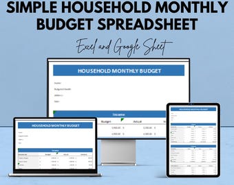 Simple Household Monthly Budget Spreadsheet | Excel & Google Sheet Template | Budget Tracker | Expense Management | Household Budget Planner