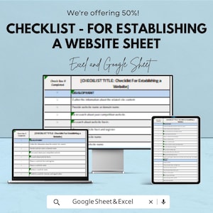 Könnte beinhalten: Eine digitale Checkliste zur Erstellung einer Website, angezeigt auf einem Laptop, einem Desktop-Monitor und einem Tablet. Der Text lautet "CHECKLIST - FOR ESTABLISHING A WEBSITE SHEET" und "Excel and Google Sheet". Der Hintergrund ist hellblau.
