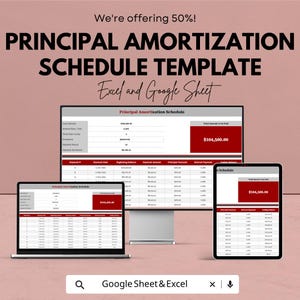 Könnte beinhalten: Eine digitale Darstellung einer Tilgungsplanvorlage auf einem Laptop, einem Desktop-Monitor und einem Tablet. Der Text lautet "Principal Amortization Schedule Template Excel and Google Sheet". Der Gesamtbetrag ist mit 96.800,00 € angegeben.
