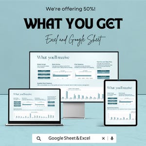 May include: An advertisement for Excel and Google Sheet products. The image shows a laptop, desktop monitor, and tablet displaying data charts. The text reads "What You Get" and "What you'll receive". The ad offers a 50% discount.