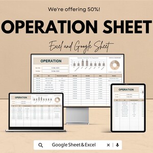 Pode incluir: Uma imagem mostrando uma folha de operação digital exibida em um laptop, monitor de desktop e tablet. O texto "OPERATION SHEET" é exibido de forma proeminente, junto com "Excel and Google Sheet". A imagem também inclui o texto "We're offering 50%!" e "Google Sheet & Excel".