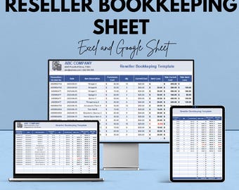 May include: A promotional image for a reseller bookkeeping sheet, offering a 50% discount. The image displays the sheet on a laptop, desktop monitor, and tablet. The text includes "Excel and Google Sheet".