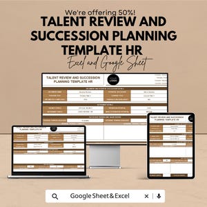 May include: A digital HR template for talent review and succession planning, shown on a laptop, desktop monitor, and tablet. The template is in Excel and Google Sheet formats, with a brown and white colour scheme. The text includes "Talent Review and Succession Planning Template HR".