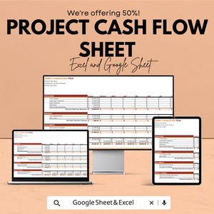 Könnte beinhalten: Ein digitales Projekt-Cashflow-Sheet, das auf einem Laptop, einem Desktop-Monitor und einem Tablet angezeigt wird. Der Text enthält "Project Cash Flow Sheet" und "Excel and Google Sheet". Das Bild zeigt auch "We're offering 50%!"