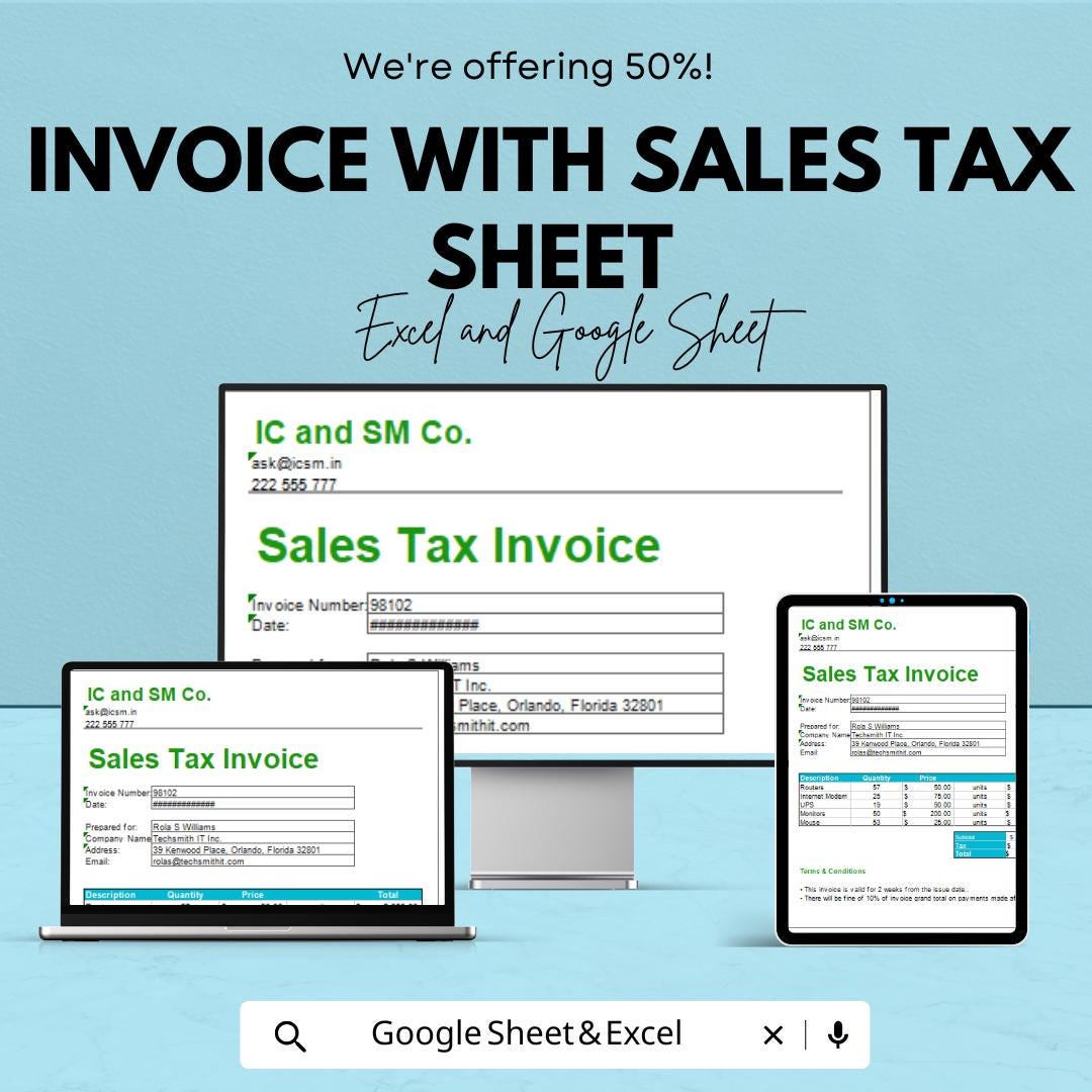 Invoice With Sales Tax Template Sheet - Editable Excel and Google Sheet ...