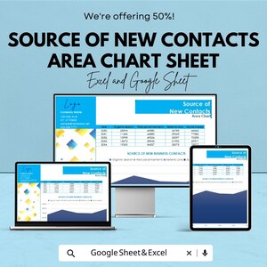 Könnte beinhalten: Eine digitale Marketinggrafik mit dem Text "We're offering 50%! SOURCE OF NEW CONTACTS AREA CHART SHEET Excel and Google Sheet." Das Bild zeigt einen Laptop, einen Desktop-Monitor und ein Tablet mit Diagrammen und Grafiken.