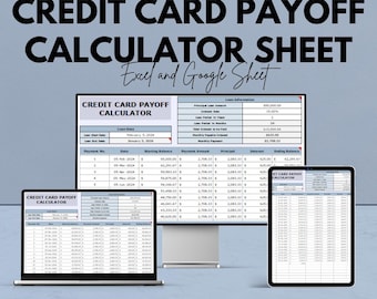 Könnte beinhalten: Werbebild für ein Kreditkarten-Rückzahlungsrechner-Sheet. Der Text lautet: "Wir bieten 50 %! KREDITKARTEN-RÜCKZAHLUNGSRECHNER-SHEET Excel und Google Sheet". Der Rechner wird auf einem Laptop, Tablet und Monitor angezeigt.