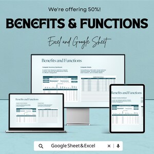 May include: An image showcasing a computer monitor, laptop, and tablet displaying a spreadsheet titled "Benefits and Functions." The text "We're offering 50%!" and "Excel and Google Sheet" are also visible. A search bar reads "Google Sheet & Excel."