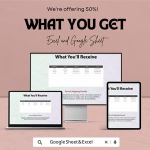 May include: An advertisement for Excel and Google Sheet services. The image shows a laptop, desktop monitor, and tablet displaying a spreadsheet titled "What You'll Receive." Text includes "We're offering 50%!" and "Parcel Shipping Details."