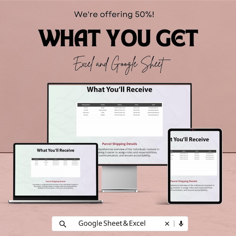 May include: An advertisement for Excel and Google Sheet services. The image shows a laptop, desktop monitor, and tablet displaying a spreadsheet titled "What You'll Receive." Text includes "We're offering 50%!" and "Parcel Shipping Details."