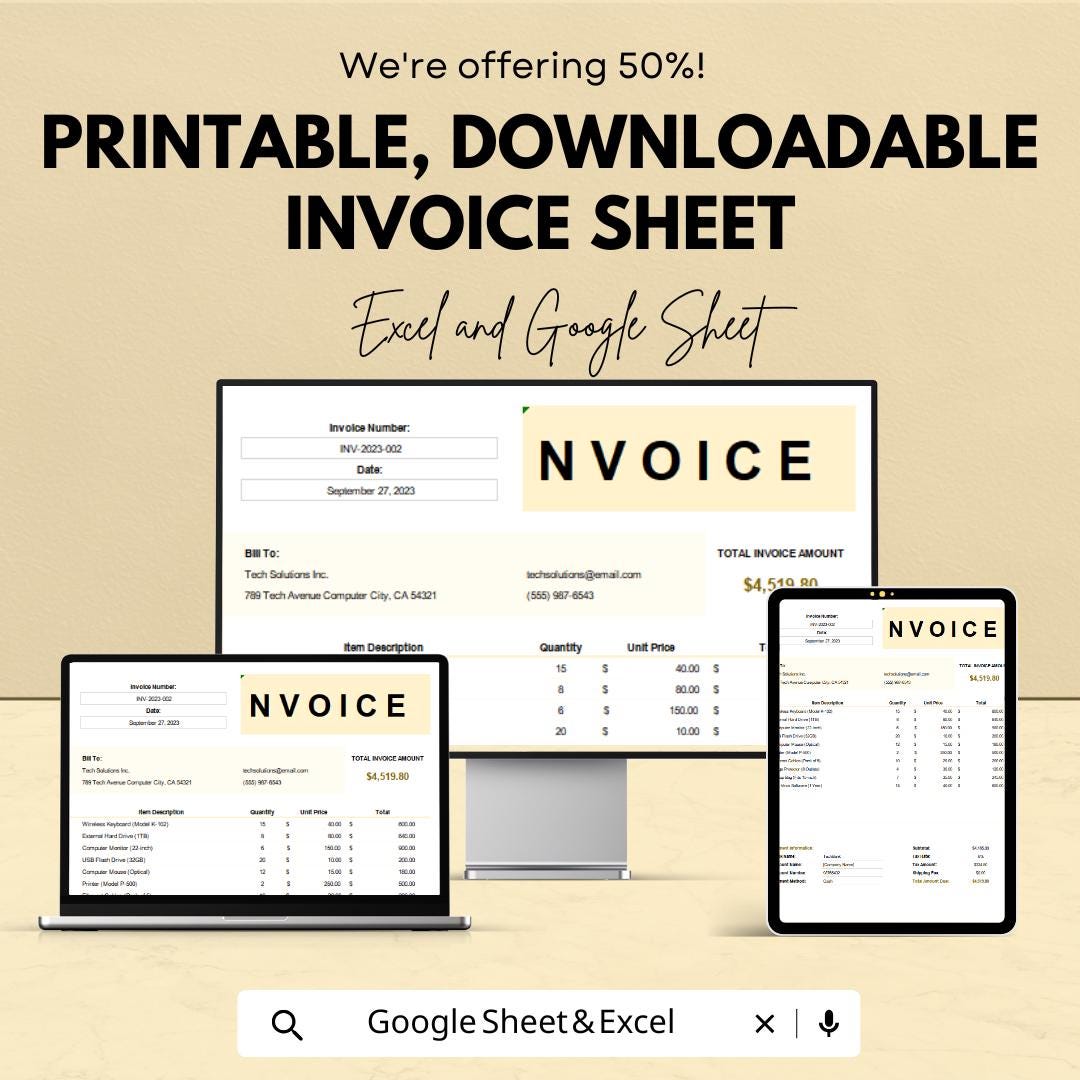Printable Downloadable Invoice Sheet Template for Excel and Google ...