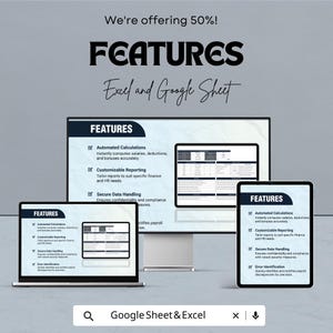Pode incluir: An&uacute;ncio do Excel e Google Sheet. A imagem mostra um computador, um tablet e um laptop com a palavra "RECURSOS". O texto destaca "C&aacute;lculos automatizados" e "Manuseio seguro de dados". O texto tamb&eacute;m inclui "Excel e Google Sheet".