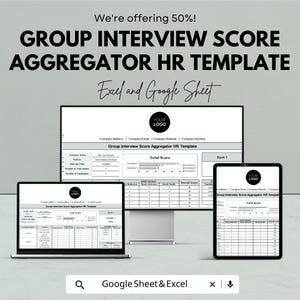 May include: A digital HR template for group interview score aggregation, displayed on a laptop, desktop monitor, and tablet. The template is for Excel and Google Sheets, with the text "We're offering 50%!" at the top.