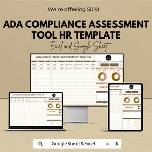 May include: An advertisement for an ADA Compliance Assessment Tool HR Template. The image shows a laptop, desktop monitor, and tablet displaying the template. The text includes "We're offering 50%!" and "Excel and Google Sheet."