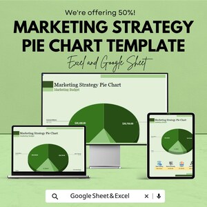 May include: A digital marketing strategy pie chart template for Excel and Google Sheets displayed on a computer monitor, a laptop, and a tablet. The screens show green-toned pie charts with budget data. The text reads We're offering 50%!