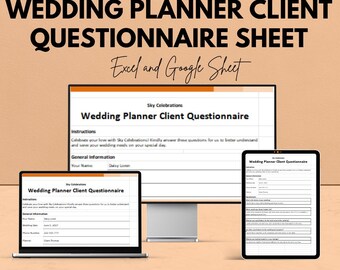 May include: An advertisement for a wedding planner client questionnaire sheet. The image displays the questionnaire on a laptop, a desktop monitor, and a tablet. The text reads "Wedding Planner Client Questionnaire Sheet" and "Excel and Google Sheet".