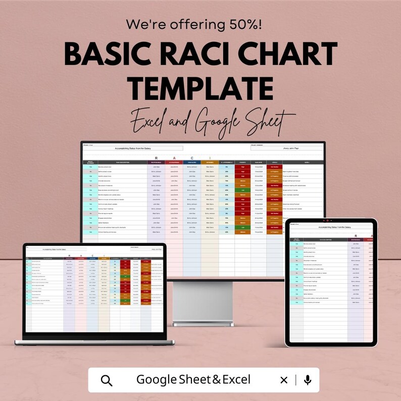 May include: A digital display of a RACI chart template on a laptop, desktop monitor, and tablet. The text on the image reads "BASIC RACI CHART TEMPLATE Excel and Google Sheet". The background is a light pink colour.
