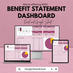 May include: An advertisement for a benefit statement dashboard, displayed on a laptop, desktop monitor, and tablet. The text reads "We're offering 50%! BENEFIT STATEMENT DASHBOARD Excel and Google Sheet."