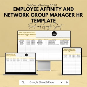 May include: A digital template for Employee Affinity and Network Group Manager HR, displayed on a computer monitor, laptop, and tablet. The template is available in Excel and Google Sheet formats. The image includes the text "We're offering 50%!"