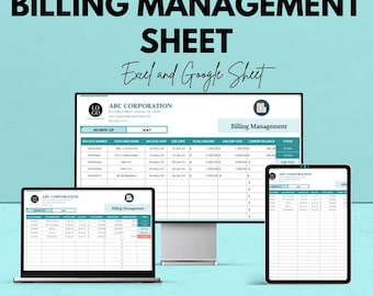 Può includere: Una pubblicità per un foglio di gestione della fatturazione, che offre uno sconto del 50%. Il testo "BILLING MANAGEMENT SHEET" è visualizzato in modo prominente. L'immagine mostra il foglio su un computer, un laptop e un tablet. È visibile anche il testo "Excel and Google Sheet".