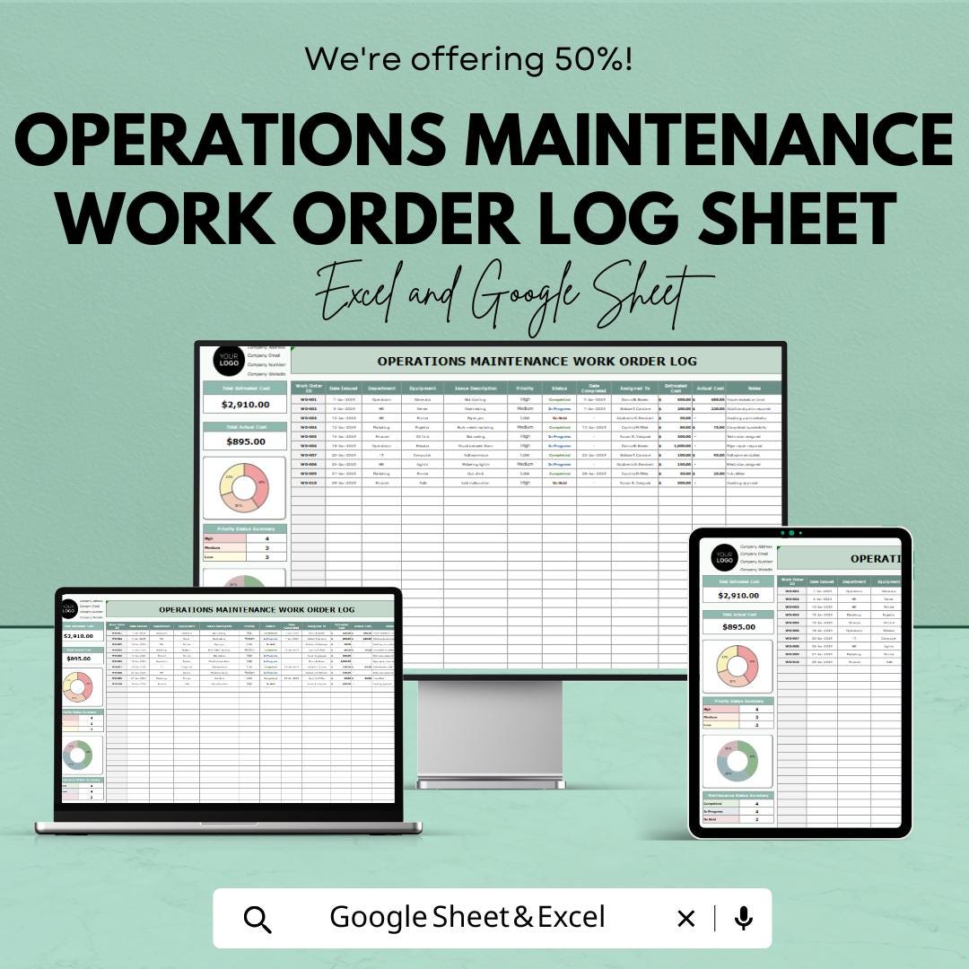Maintenance Work Order Log | Excel & Google Sheets | Operations Tracker ...