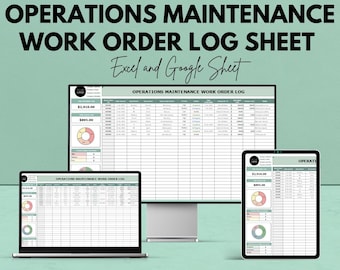 Puede incluir: Un anuncio de una hoja de registro de órdenes de trabajo de mantenimiento de operaciones, disponible en formatos Excel y Google Sheet. La imagen muestra el registro en una computadora portátil, un monitor de escritorio y una tableta. El texto dice "We're offering 50%!"