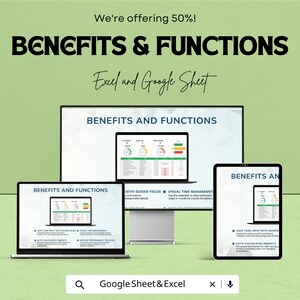 May include: An advertisement for Excel and Google Sheet benefits and functions. The image shows a laptop, a desktop monitor, and a tablet displaying the same interface. The text includes "Benefits & Functions" and "We're offering 50%!"