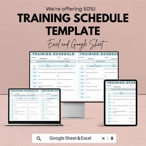 Può includere: Un'immagine di marketing digitale mostra un modello di programma di formazione su un laptop, un monitor desktop e un tablet. Il testo recita "TRAINING SCHEDULE TEMPLATE" e "Excel and Google Sheet". Lo sfondo è rosa chiaro.