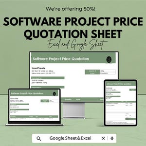 May include: An advertisement for a software project price quotation sheet, displayed on a laptop, desktop monitor, and tablet. The text includes "Software Project Price Quotation Sheet" and "Excel and Google Sheet". The background is a light green colour.