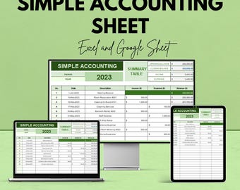 May include: An advertisement for a simple accounting sheet, displayed on a laptop, desktop monitor, and tablet. The text reads "SIMPLE ACCOUNTING SHEET" and "Excel and Google Sheet". The year 2023 is prominently featured.