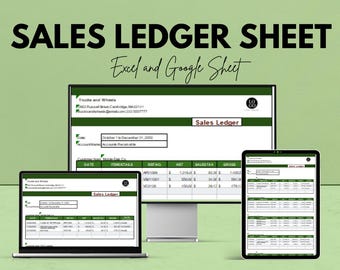 May include: A digital sales ledger sheet displayed on a laptop, desktop monitor, and tablet. The text "SALES LEDGER SHEET" and "Excel and Google Sheet" are prominent. The image has a green background and includes the text "We're offering 50%!"