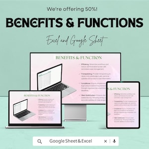 May include: An advertisement for Excel and Google Sheet services. The image shows a laptop, desktop monitor, and tablet displaying the benefits and functions of the services. Text includes "We're offering 50%!" and "Google Sheet & Excel".