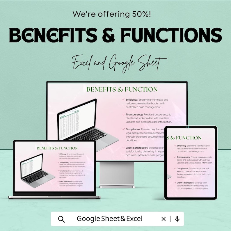May include: An advertisement for Excel and Google Sheet services. The image shows a laptop, desktop monitor, and tablet displaying the benefits and functions of the services. Text includes "We're offering 50%!" and "Google Sheet & Excel".