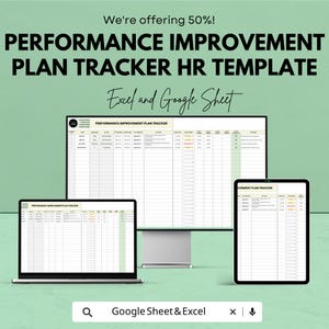 May include: An image showcasing a Performance Improvement Plan Tracker HR Template, displayed on a laptop, desktop monitor, and tablet. The text "We're offering 50%!" and "Excel and Google Sheet" are visible. The bottom of the image includes the text "Google Sheet & Excel".