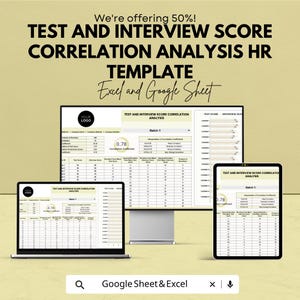 May include: A digital template for HR professionals, displaying test and interview score correlation analysis on a laptop, desktop monitor, and tablet. The template is for Excel and Google Sheets, with the text "We're offering 50%!" at the top.