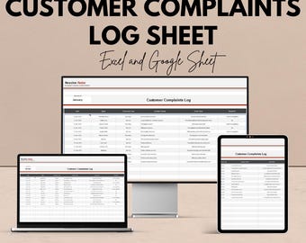Peut inclure: Image promotionnelle pour une feuille de registre des réclamations clients, affichée sur un ordinateur portable, un moniteur de bureau et une tablette. Le texte indique "CUSTOMER COMPLAINTS LOG SHEET Excel and Google Sheet." L'image comprend le texte "We're offering 50%!"