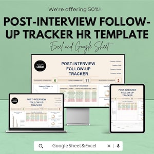 Può includere: Un modello digitale di risorse umane per il follow-up post-colloquio, visualizzato su un laptop, un monitor desktop e un tablet. Il modello include sezioni per il monitoraggio dei candidati e le azioni di follow-up. Il testo recita "POST-INTERVIEW FOLLOW-UP TRACKER HR TEMPLATE Excel and Google Sheet."