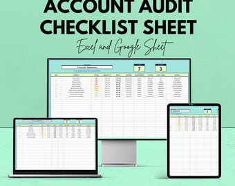 May include: An account audit checklist sheet displayed on a laptop, desktop monitor, and tablet. The text on the screen reads "Financial Statements" and "7" and "3". The image also includes the text "Excel and Google Sheet".