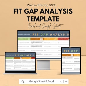 Puede incluir: Un gráfico de marketing digital que promociona una "FIT GAP ANALYSIS TEMPLATE" para Excel y Google Sheets. La imagen muestra la plantilla en una computadora portátil, un monitor de escritorio y una tableta. El texto "We're offering 50%!" está en la parte superior.