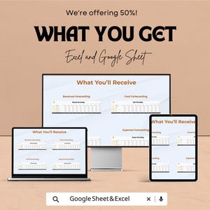 Pu&ograve; includere: Una pubblicit&agrave; per modelli Excel e Google Sheet. L'immagine mostra un laptop, un monitor desktop e un tablet che mostrano esempi di fogli di calcolo. Il testo include "What You Get" e "What You'll Receive", con una barra di ricerca per "Google Sheet & Excel".