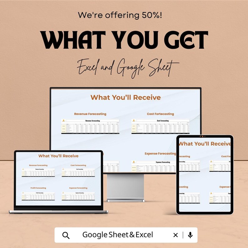 Pu&ograve; includere: Una pubblicit&agrave; per modelli Excel e Google Sheet. L'immagine mostra un laptop, un monitor desktop e un tablet che mostrano esempi di fogli di calcolo. Il testo include "What You Get" e "What You'll Receive", con una barra di ricerca per "Google Sheet & Excel".