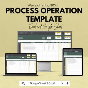 May include: An advertisement for a process operation template, displayed on a laptop, desktop monitor, and tablet. The text reads "We're offering 50%! PROCESS OPERATION TEMPLATE Excel and Google Sheet."