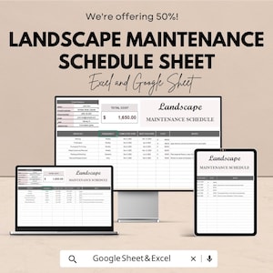 Könnte beinhalten: Ein digitaler Landschaftspflege-Zeitplan, der auf einem Computermonitor, Laptop und Tablet angezeigt wird. Der Text lautet "LANDSCAPE MAINTENANCE SCHEDULE SHEET" und "Google Sheet & Excel". Die Gesamtkosten betragen 1.650,00 €.