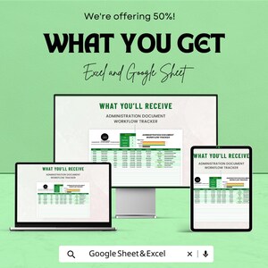 May include: An advertisement for an Excel and Google Sheet workflow tracker. The image shows a laptop, desktop monitor, and tablet displaying the tracker interface. Text includes "WHAT YOU GET" and "WHAT YOU'LL RECEIVE". The background is light green.