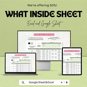 May include: An advertisement for a "WHAT INSIDE SHEET" template for Excel and Google Sheets. The image shows a laptop, a desktop monitor, and a tablet displaying the template. The text "TEMPLATE ANATOMY" is visible, along with a 50% off offer.