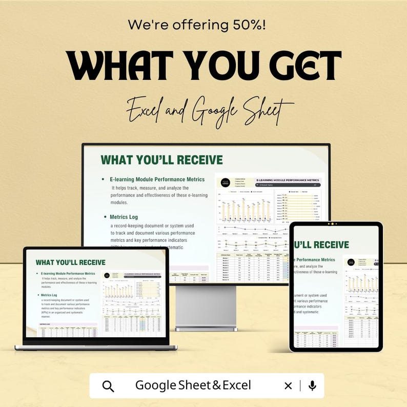 Może przedstawiać: Obraz promocyjny z tekstem "We're offering 50%!" i "WHAT YOU GET Excel and Google Sheet." Obraz przedstawia laptopa, monitor stacjonarny i tablet, każdy z nich wyświetla arkusz kalkulacyjny ze wskaźnikami wydajności i dziennikiem metryk.